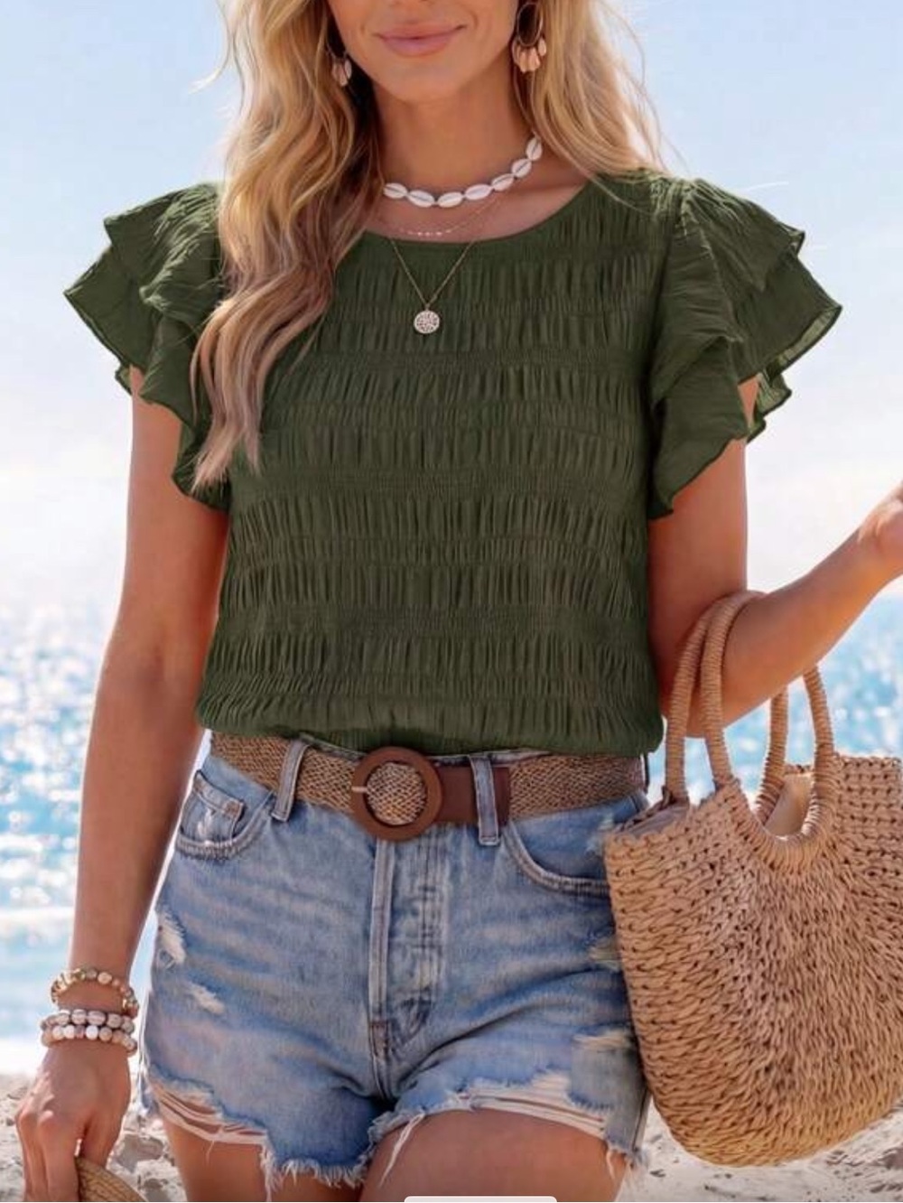 Green Ruffle Sleeve Women's Top - Classic Summer Tee